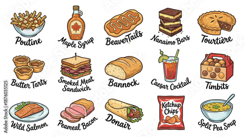 Assorted traditional Canadian cuisine illustrations displayed on a clean white background