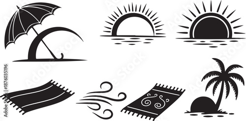 Beach icons with umbrella, sun, and palm tree silhouettes