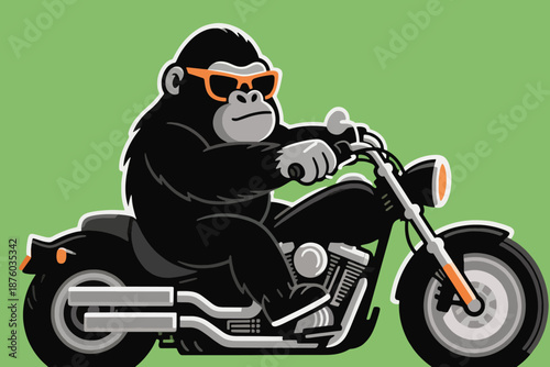 Cartoon gorilla riding classic cruiser motorcycle with orange sunglasses on solid green background.
