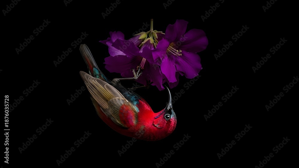 Fototapeta premium A vibrant red hummingbird sipping nectar from purple flowers against a dark background