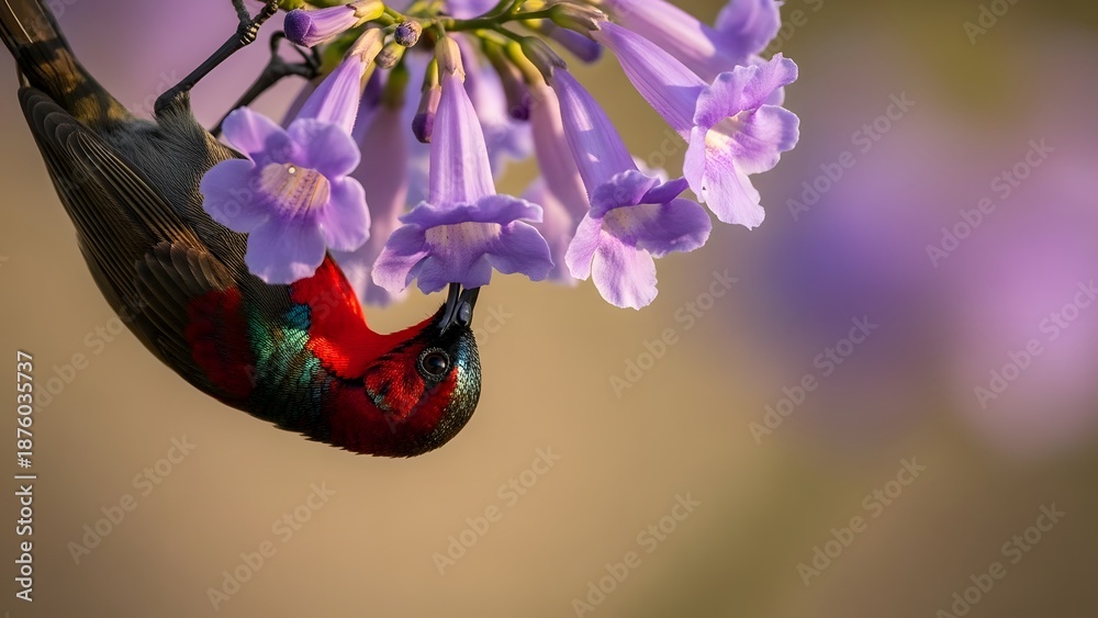 Obraz premium A vibrant hummingbird feeds on nectar from purple flowers in a lush natural setting viewed from a close-up perspective.