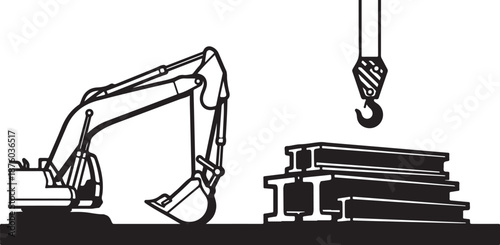 Excavator and crane lifting heavy metal beams illustration