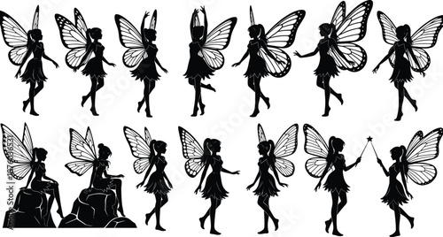 Fairy silhouette collection with butterfly wings, magical fantasy characters dancing poses, black white vector illustration set isolated on white background for storybook design projects