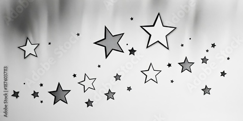 Whimsical, unevenly sized stars drawn in charcoal, varying shades of gray, whimsical, night