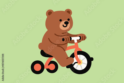 Cartoon brown bear riding red tricycle with white handlebars on light green background.