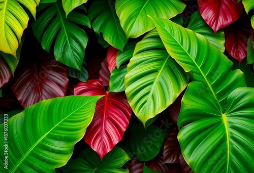Large, vibrant tropical leaves in lush green hues, overlapping to create a dense jungle pattern,  rainforest,   leaf texture