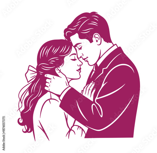 man in suit gently touching womans hair with love and care