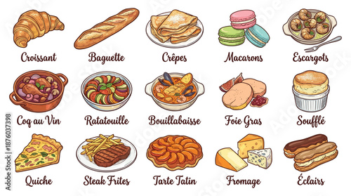 Assorted French pastries and bread on display, featuring croissants, baguettes, and macarons in a bakery setting