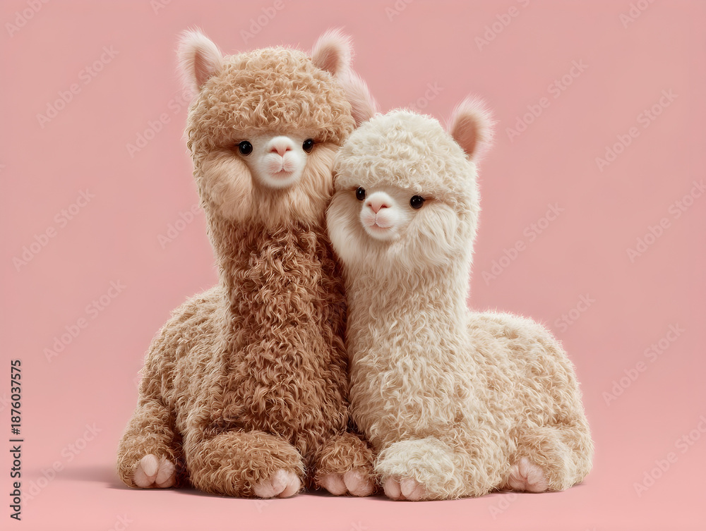 Fototapeta premium Two Stuffed Alpacas Sitting Together on Pink Background