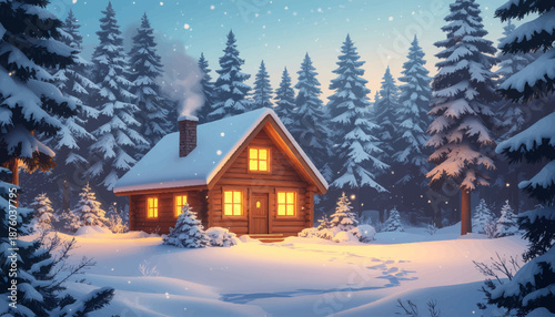 Cozy wooden cabin nestled in a snow-covered evergreen forest with warm lights glowing from the windows on a tranquil winter evening