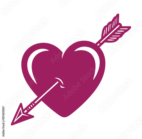 Pink heart pierced by an arrow symbolizing love and passion in a simple graphic design