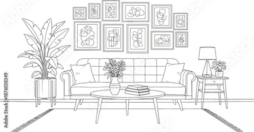 Modern living room interior line art illustration with sofa coffee table plants wall art decor, minimalist home design, black and white outline vector style