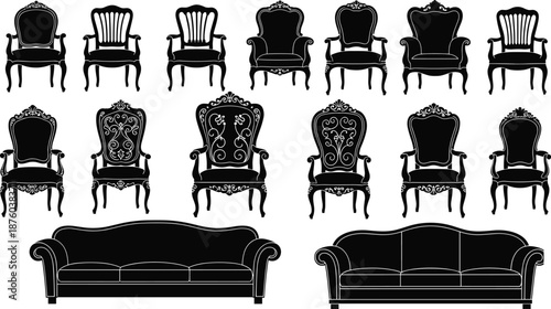 Modern sectional sofa line art set featuring L shaped corner couches, minimalist living room furniture sketch illustration isolated on white background for interior design use