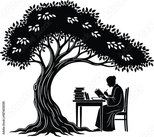 Silhouette vector illustration of a scholar reading and writing at a desk under a large leafy tree, peaceful education and wisdom concept,