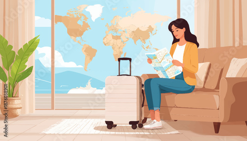 Thoughtful young woman meticulously plans her dream vacation, studying a world map and guide next to her packed suitcase, ready for global exploration and adventure