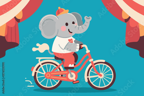 Cartoon elephant riding red bicycle in circus like scene with heart shirt and striped curtain background.