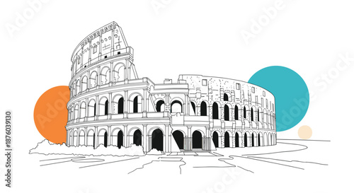 Modern line art illustration of the historic Colosseum in Rome, Italy, with abstract colorful circles in the background for a stylish look.