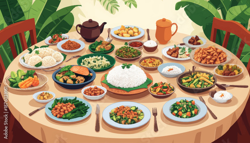 A bountiful spread of authentic Asian cuisine laid out on a dining table, featuring diverse dishes and fresh ingredients