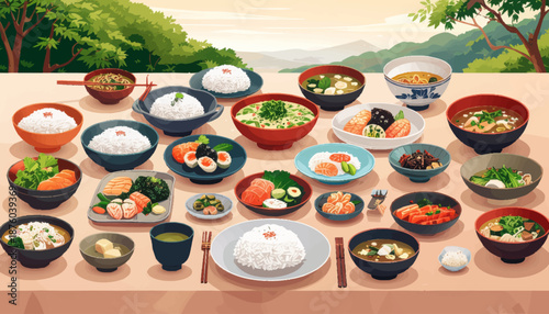 An elegant and culturally rich traditional Japanese banquet, featuring a lavish spread of meticulously prepared authentic gourmet dishes, offering a refined culinary experience