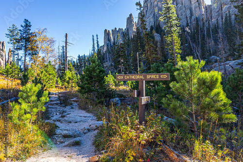 Beautiful autumn landscape seen from Cathedral Spires Trail at Custer State Park in South Dakota.