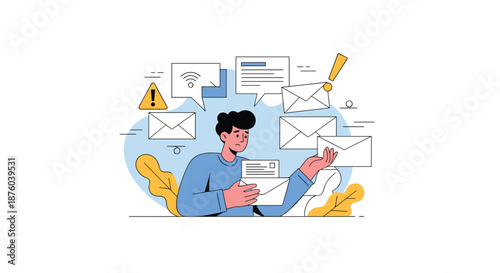 Stressed and overwhelmed young man surrounded by a flood of emails, notifications, and warning signs, depicting information overload.