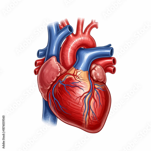 Detailed Anatomical Illustration of the Human Heart and Major Blood Vessels.