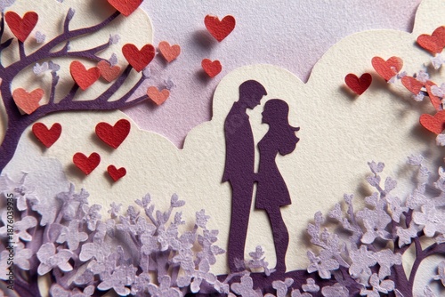 Paper cut silhouettes of a couple embracing beneath a tree adorned with heart shapes