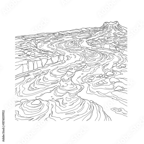 Volcanic Outflow Land meets lava flow, cliffs, rocks, and distant volcanic peak