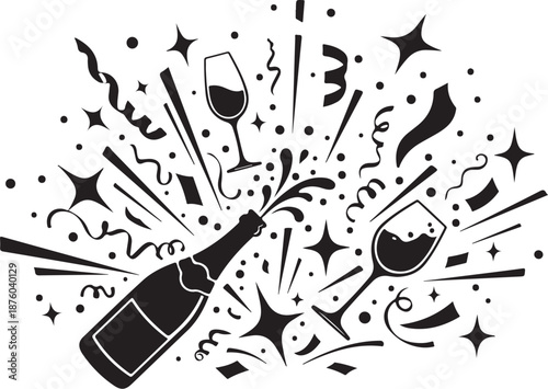 Celebration with champagne bottle and glasses in black and white