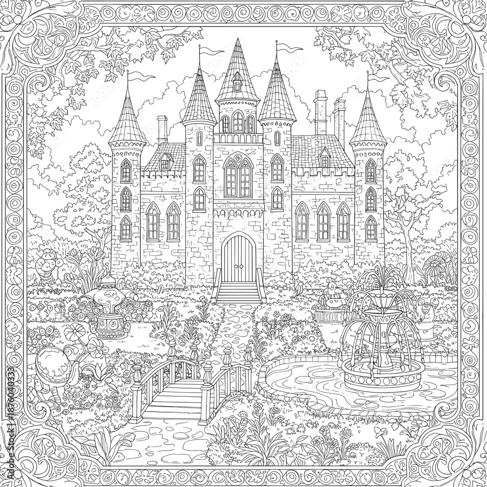 Obraz premium Ornate castle's detailed garden & border in line art for coloring, intricate patterns