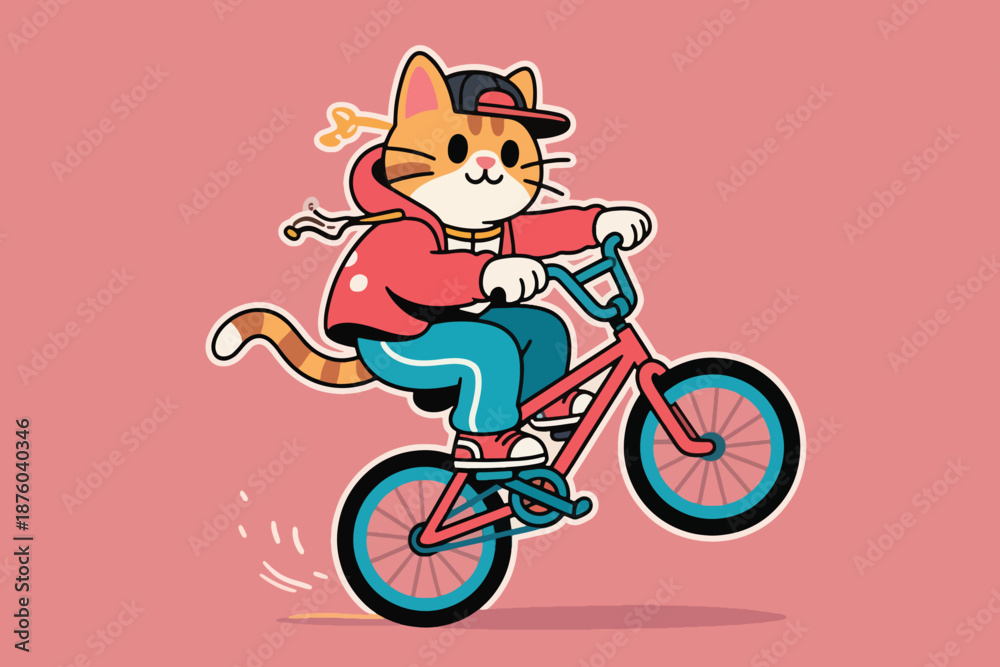 Fototapeta premium Cartoon cat doing wheelie on red BMX bike in red hoodie and backward cap on pink background.