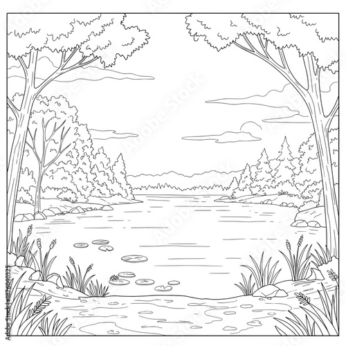 Detailed black and white of landscape by a river with trees, bushes, mountains, and clouds