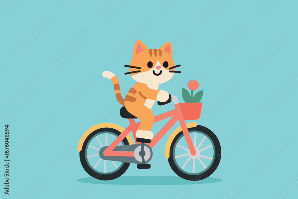 Fototapeta premium Cartoon orange tabby cat riding pink bicycle with flower pot in basket on light blue background.
