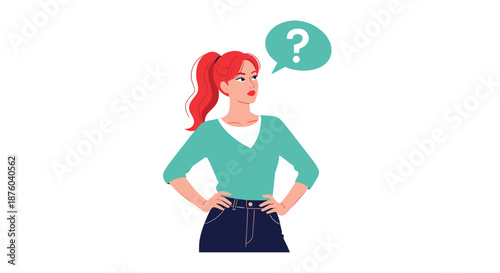 A thoughtful young woman with red hair in a ponytail, looking up with a question mark in a speech bubble above her head.