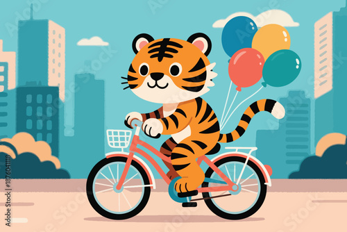 Cartoon tiger riding red bicycle with colorful balloons in cheerful city scene with buildings and trees.