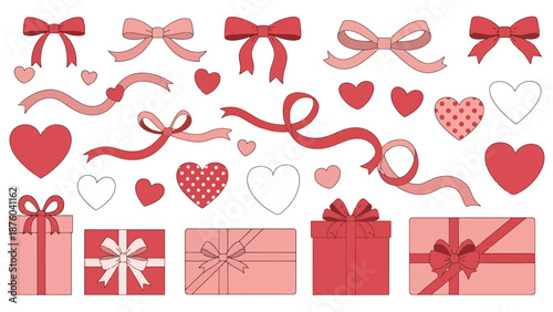 Collection of Festive Ribbons and Gift Boxes with Heart Shapes for Celebratory Occasions and Romantic Designs