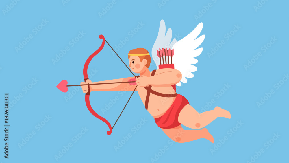 Fototapeta premium Cherubic Figure with Bow and Arrow Aiming Directly Forward Against a Clear Blue Sky Background Ready to Launch a Love Arrow