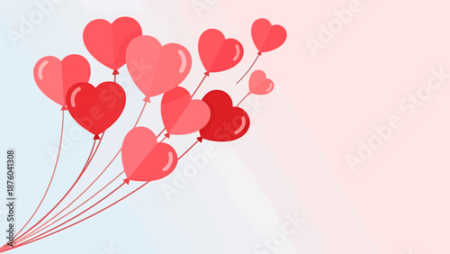 Collection of Red Heart Shaped Balloons Floating Upwards Against Gradient Background Representing Love And Celebration