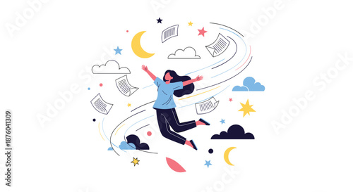 Happy woman flying through the air with papers, representing freedom, inspiration, and breaking free from routine and bureaucracy.