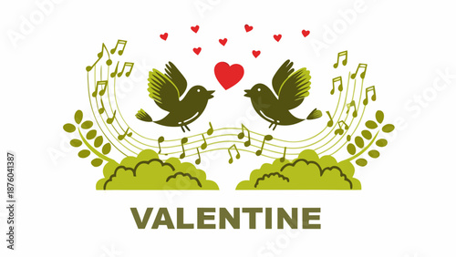 Lovely Valentine's Day illustration with singing birds and hearts