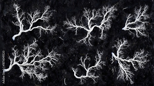White fungal mycelium network growing in black soil top view macro organic biology sustainable mushroom root system structure