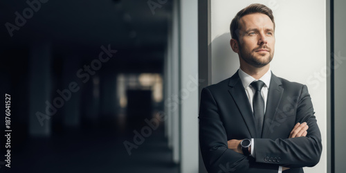 Middle age mature businessman man executive ceo leader professional male at office looking away work and thinks with doubt question about future career direction