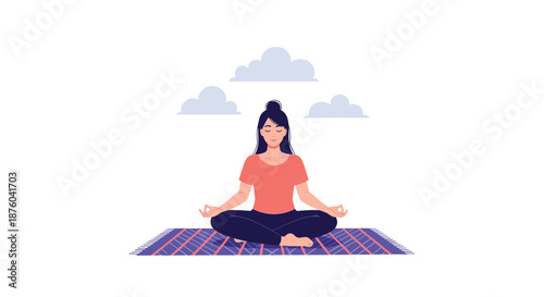 Young woman practicing meditation in the lotus position on a mat, promoting mindfulness, relaxation, and mental wellness.