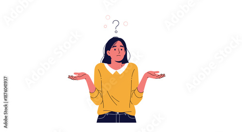 Confused young woman shrugging her shoulders with a question mark above her head, representing doubt, uncertainty, and needing answers.