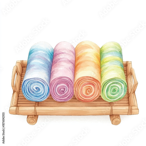 Watercolor illustration of colorful rolled towels on a bamboo tray.