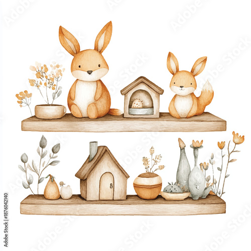 Watercolor illustration of cute bunnies and houses on wooden shelves perfect for nursery decor.