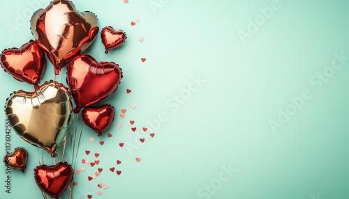 Cluster of shiny metallic heart shaped balloons rests against a pale mint green background with scattered small confetti pieces