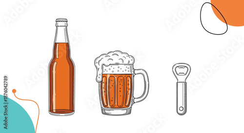 Hand-drawn sketch style set including a beer bottle, a frothy beer mug, and a bottle opener, isolated on a white background.