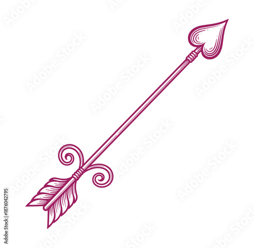 red arrow with feather and heart shaped tip on white background