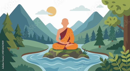 Buddhist Monk in Nature Meditation
A flat vector illustration of a Buddhist monk meditating in nature, surrounded by mountains, trees, or water. Flat vector style, harmony with nature theme.